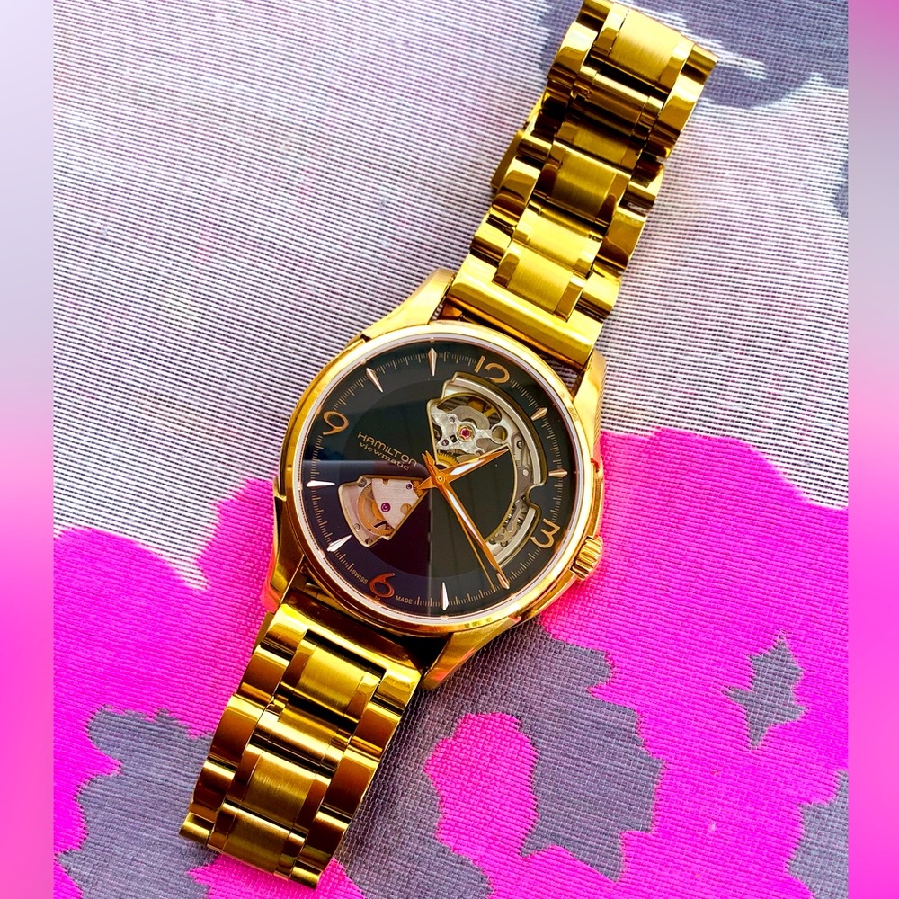 Hamilton Gold-Tone Men's Skeleton Dial Watch with Black Face